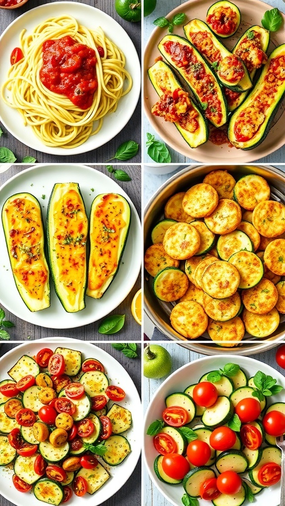 An assortment of healthy zucchini recipes including noodles, stuffed boats, fritters, bake, and salad.